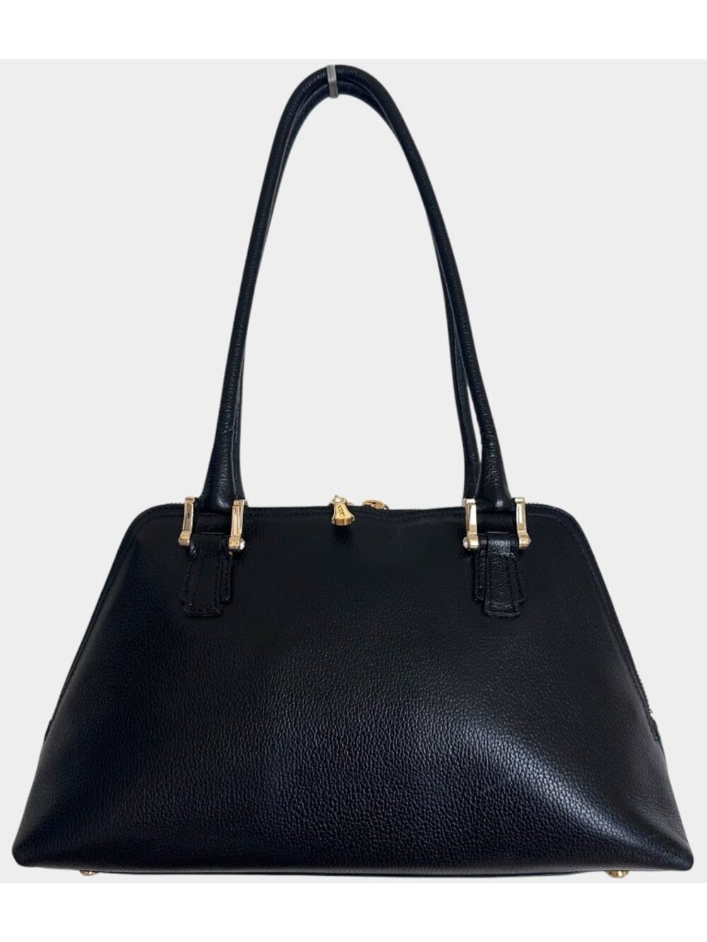 a.Testoni Structured Shoulder Bag Pebbled Leather Black Gold-Tone Hardware